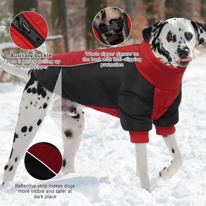 IDOMIK Reversible Dog Winter Coat, Thick Warm Dog Coat with Leopard Fleece Lining&Zipper, Adjustable High Collar Waterproof Jacket, Reflective Pet Cold Weather Coats for Large Dogs,Red,XL