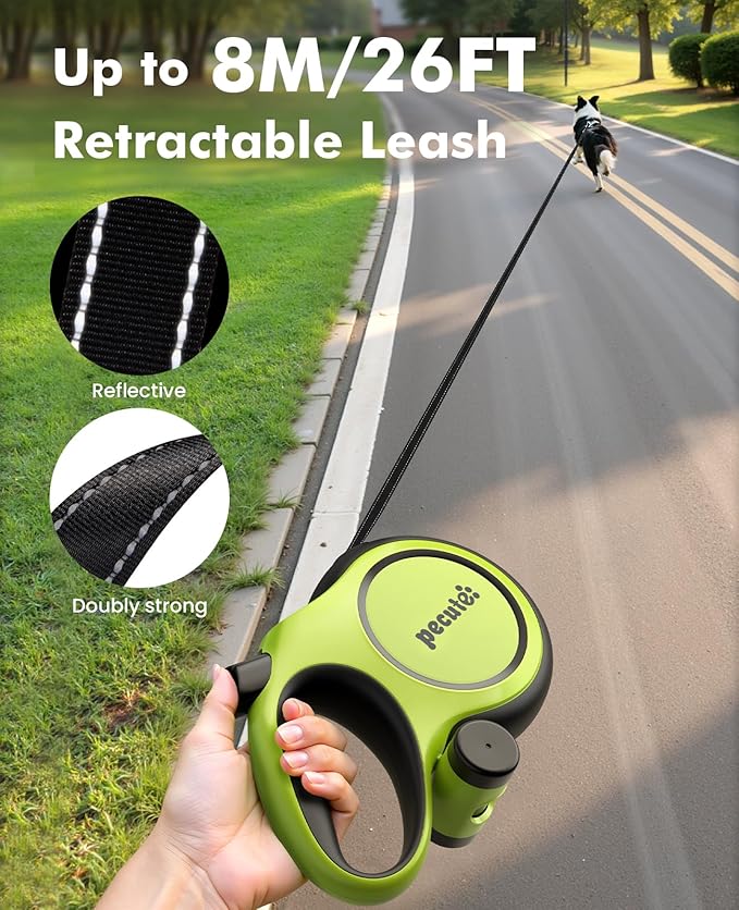 Retractable Dog Leash for Large Dogs, 26ft Heavy Duty Retractable Dog Leash with Poop Bag Holder, Anti-Slip Soft Grip, Reflective Leashes for Medium Large Pets up to 110 lbs(Green)