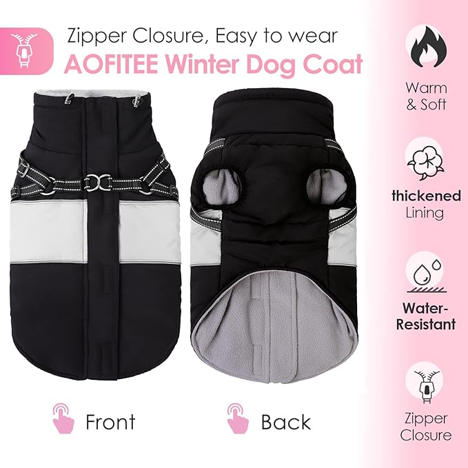 AOFITEE Dog Coat, Large Dog Jacket, Dogs Coat with Harness Built in, Reflective Waterproof Dogs Jackets Winter with Furry Collar, Warm Polar Fleece Pet Sweater Snowsuit for Doberman, Great Dane XXXL
