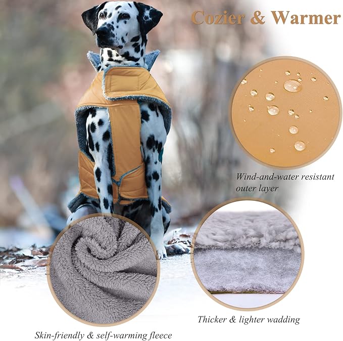 VIVAGLORY Frostfit Dog Coat, Dog Jacket for Winter & Cold Weather, Warm Fluffy Fleece Lined Water Resistant Reflective for Puppy, Coat with Velcro Fastening & Leash Hole, M, Khaki