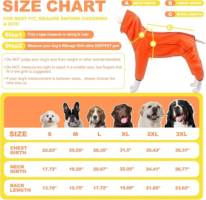 Dog Raincoat, Waterproof Dog Rain Jacket with Removable Hood，Adjustable 4 Legs Pet Poncho with Leash Hole，Reflective Stripe Hooded Snowproof Windproof Clothes for Small to 3X-Large Dogs, S
