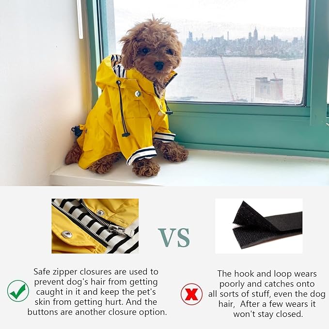 Morezi Dog Zip Up Raincoat with Reflective Buttons, Rain/Water Resistant, Adjustable Drawstring, Removable Hood, Raincoats with Legs 8lbs to 80lbs Available - Black - M