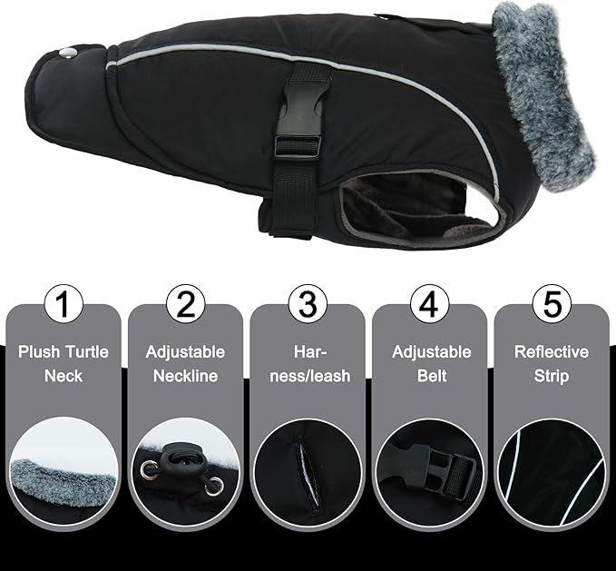 DENTRUN Dog Winter Coat - Windproof Reflective Jacket, Plush Turtleneck & Adjustable Belt, Water Repellent Fleece Lined Cold Weather Vest for Corgi Bulldog, Black, L