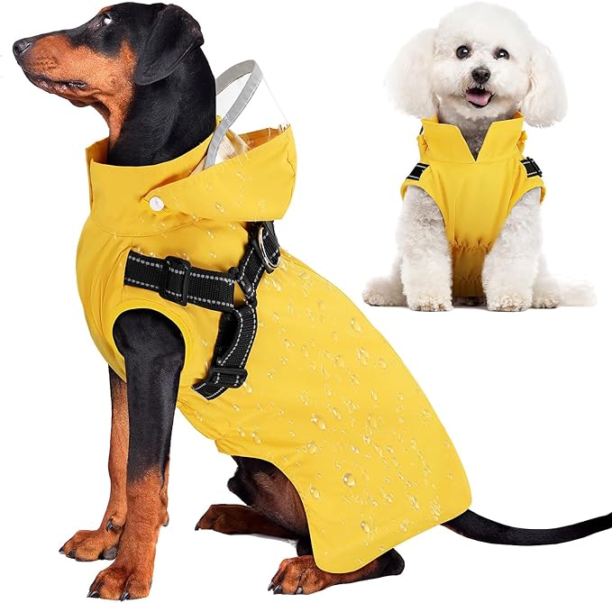 Lukovee Dog Raincoat - Waterproof Rain Jacket with Harness & Removable Hood, Reflective Double Layer Dog Rain Coat Poncho for Small Medium Large Dogs Puppy (L, Yellow)