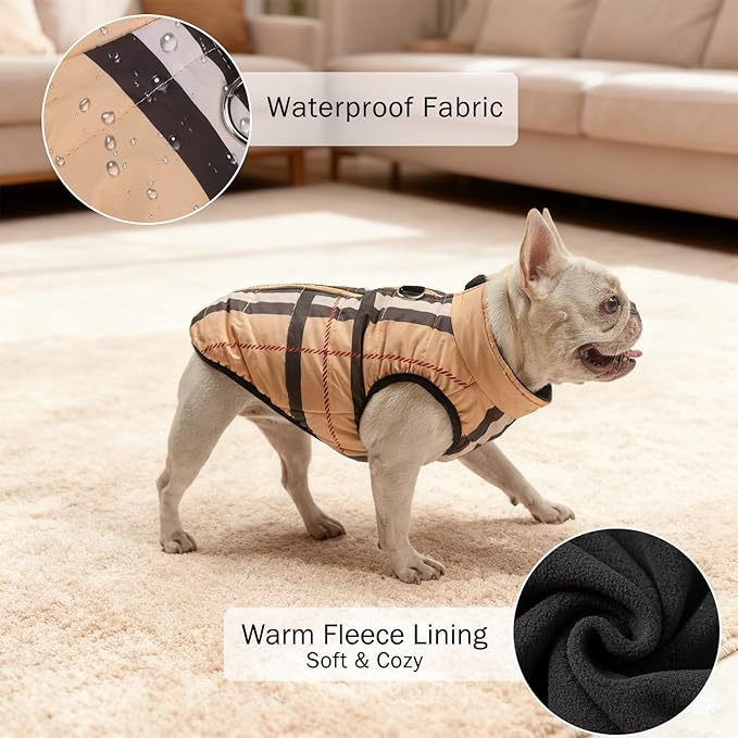 SCENEREAL Winter Dog Vest Coat with Harness Built in, Warm Puppy Jacket for Small Medium Dogs, Cold Weather Coat with Zipper, Fleece Puffer Vest Windproof Snow Clothes, Beige Plaid M