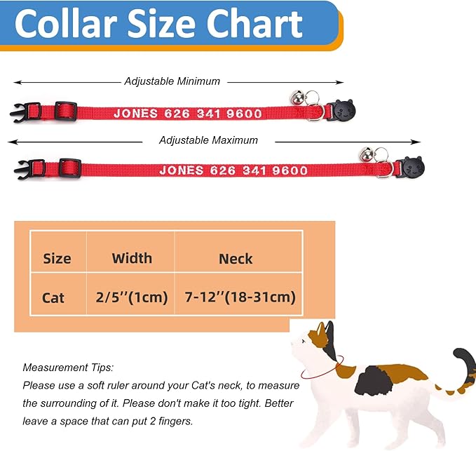 Personalized Cat Collars, Embroidered with Pet Name and Phone Number, Adjustable Nylon Breakaway Safety Release Buckle ID Collar,Custom Text with Bell for Cat or Kitten,Blue