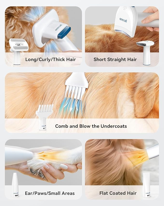 oneisall Dog Vacuum & Dryer for Shedding Grooming, 8 in 1 Dog Grooming Kit with Metal Blade Pet Clippers, Adjustable Speed and Temperature Control Blower