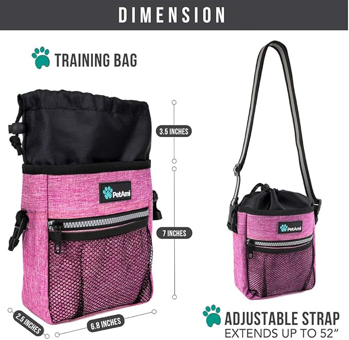 PetAmi Dog Treat Pouch, Pet Treat Pouch for Training, Dog Walking Bag Holder for Kibbles, Pet Food Toy, Dog Trainer Essentials Supplies, Poop Bag Dispenser, 3 Ways to Wear (Pink)