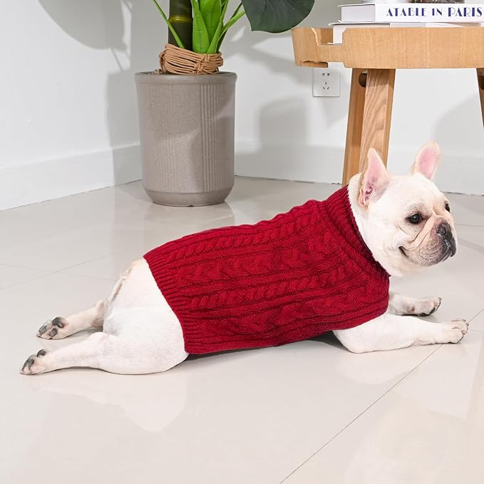 2 Pack Dog Sweaters for Medium Dogs Turtleneck Pullover Cable Knit Stretch Clothes French Bulldog Dachshund Boston Terrier Corgi Beagle Pug Boy Girl Pets Winter Clothes (L, Pink & Red)