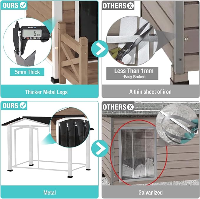 Dog House for Outdoor Use with Matel Frame, Waterproof Design- All-Weather Wooden Kennel with Sliding Window & Metal Frame (Brown, L)
