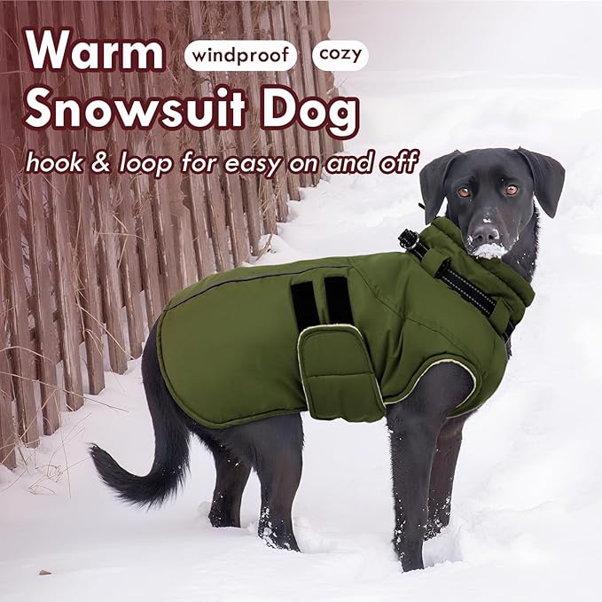 Dog Coats for Extra Large Dogs Winter Waterproof Jacket with Harness Reflective Adjustable Hook&Loop Snowsuit for Cold Weather, Warm Snow Jackets for Dogs Great Dane Saint Bernard, 5XL Green
