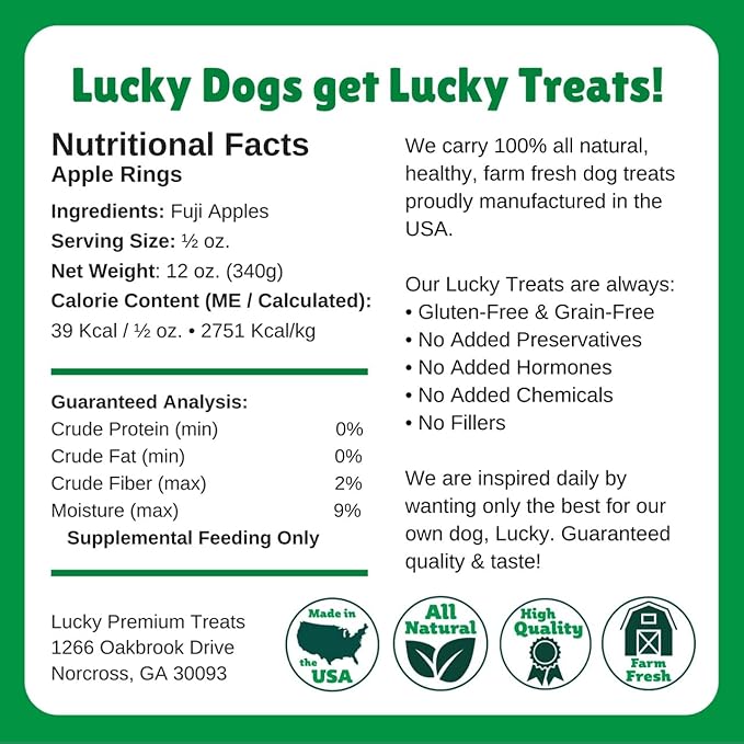 Lucky Premium Apple Rings – Thin, Crispy, All Natural Jerky Apple Treats for Dogs, Vegetarian Dog Treats with Real Fruit (12 oz)
