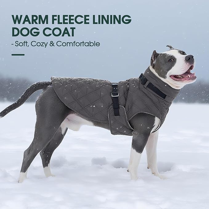 Kuoser Dog Coat Warm Fleece Lining Turtleneck Dog Jacket with Harness Built-in, Adjustable Windproof Cold Weather Coats with Quick Release Buckle Pet Winter Snowsuit for Large Dogs, Grey XL