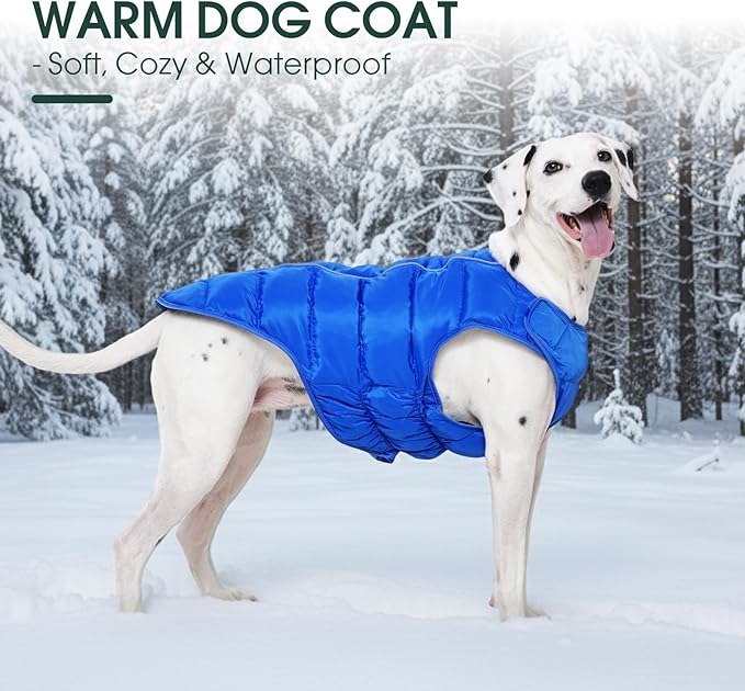 Kuoser Dog Puffer Jacket Warm Dog Coat for Small Medium Dogs, Windproof Reflective Pet Padded Vest Cold Weather Clothes Puppy Snowsuit with Hook & Loop Coats, Easy On/Off, Blue M