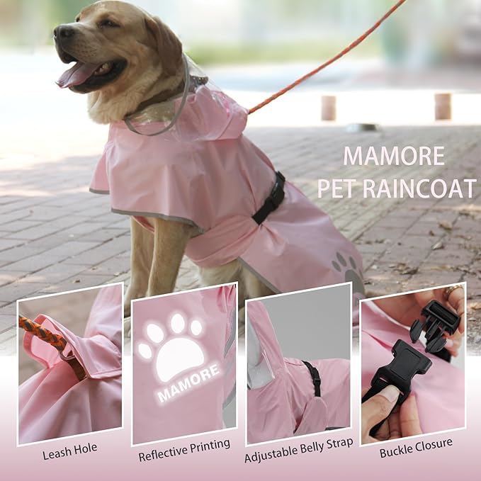 Waterproof Dog Raincoat, Reflective Adjustable Hooded Dog Rain Coat, Lightweight Breathable Pet Rain Jacket Poncho Double Layer with Leash Hole for Small Medium Large Dogs (Pink, Small)