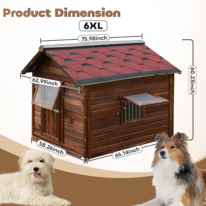 Luxury Pine Wood Dog House Outdoor for Large Breed Dogs with Weatherproof Asphalt Roof,Removable Floor,Lockable Door,Adjust Windows,Dog Kennel Outside Easy to Clean