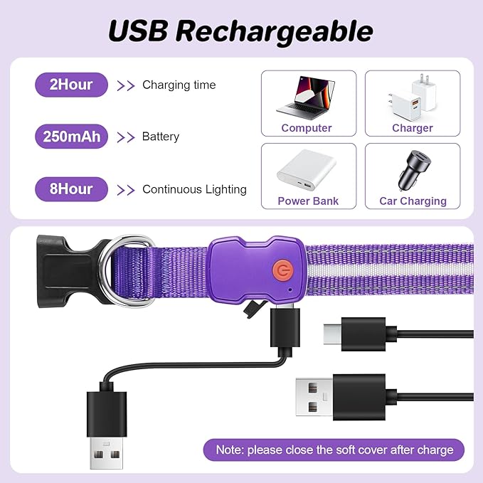 PcEoTllar Light Up Dog Collars, Led Dog Collar, Rechargeable, Night Walking, Waterproof, Glow in The Dark Dog Collars Light for Large Small Medium Dogs, Purple m
