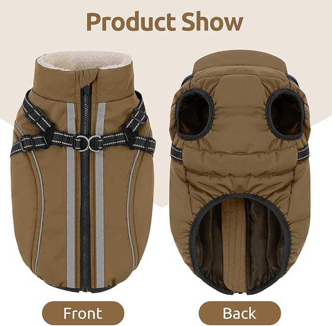Dog Winter Coat with Harness Built in Warm Puffer Dog Jackets for Small Medium Large Dogs Windproof Waterproof Outfit with Plush Lining and Reflective Stripes (Brown, S)