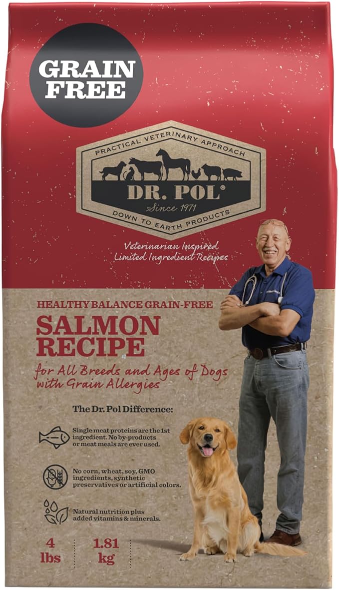 Dr. Pol Grain Free Salmon Dog Food - Premium Natural Dry Dog Food, Limited Ingredient High Protein Veterinarian Formulated Kibble for Any Size or Stage, Allergies, Sensitive Stomach, Salmon 4lb Bag