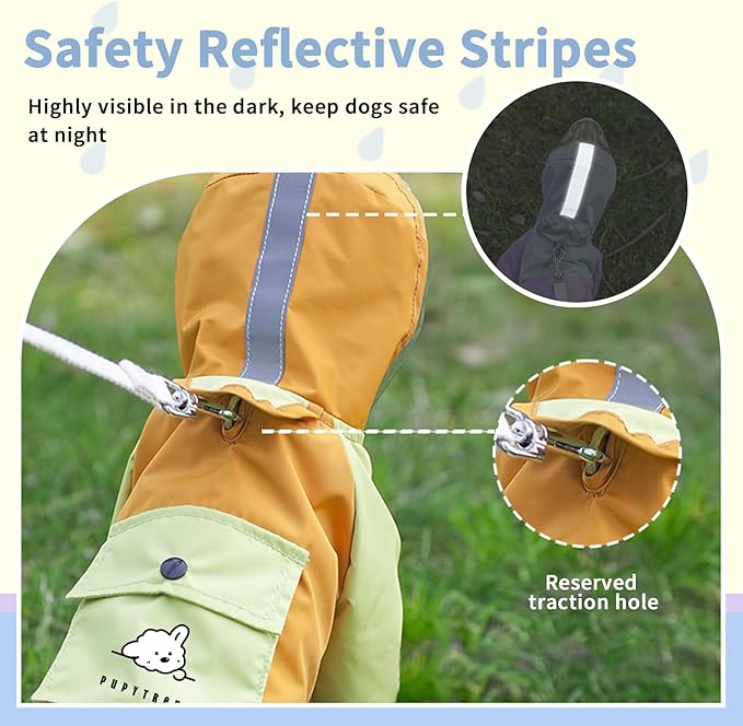 Dog Raincoat with Transparent Hood, Waterproof Jacket for Small Dogs with Snap-Button Chest, Leash Hole & Hook-and-Loop Cuffs Sleeves, Back Pocket for Treats (Blue, Small)