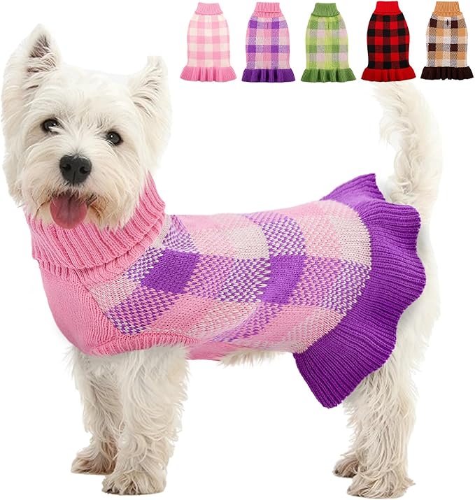 Dog Sweater Dress Plaid Knitwear for Small Medium Dogs Warm Puppy Pet Turtleneck Stretch Pullover Cute Fall Winter Vest Clothes with Leash Hole for Christmas (Purple, 2XS)