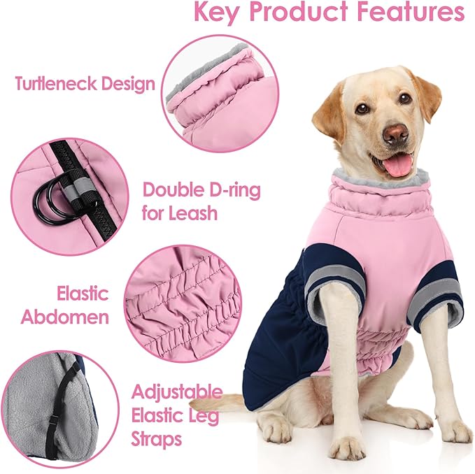 AOFITEE Dog Warm Fleece Turtleneck Coat, Windproof Waterproof Winter Jacket with Harness, Pink Navy Blue, Large