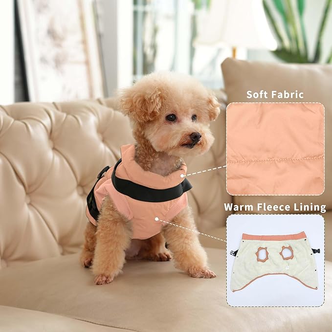 Dog Jacket with Harness,Fleece Lined Warm Puppy Coat for Winter,Soft Windproof Medium Dog Vest,LightOrange XL