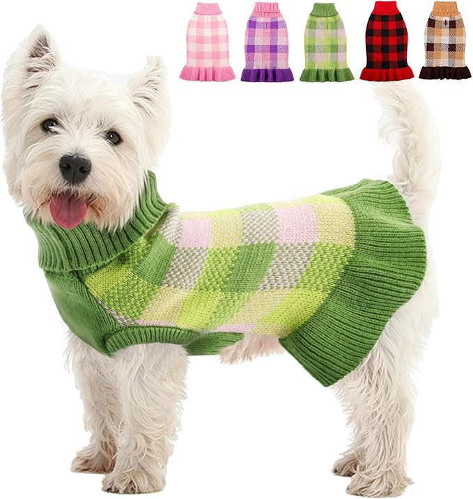 Dog Sweater Dress Plaid Knitwear for Small Medium Dogs Warm Puppy Pet Turtleneck Stretch Pullover Cute Fall Winter Vest Clothes with Leash Hole for Christmas (Green, L)