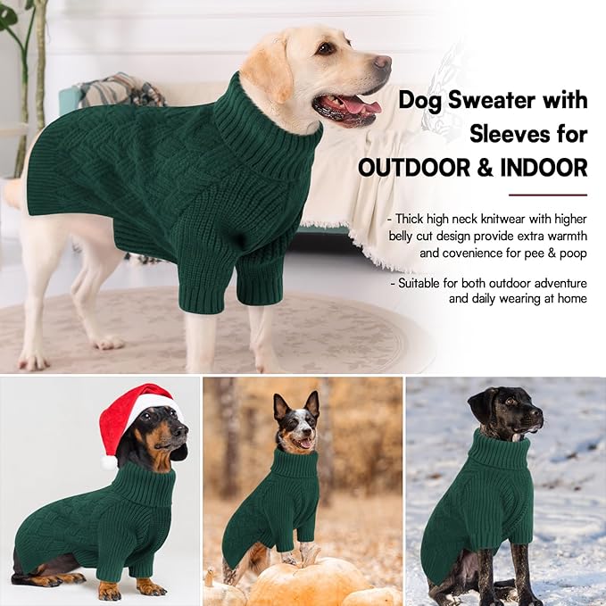 KOESON XL Dog Sweater for Large Size Dogs, Turtleneck Extra Large Sweater for Dogs Girl Boy, Warm Large Dog Sweaters for Christmas, Soft Doggie Winter Knitwear with Sleeves, Green, XLarge