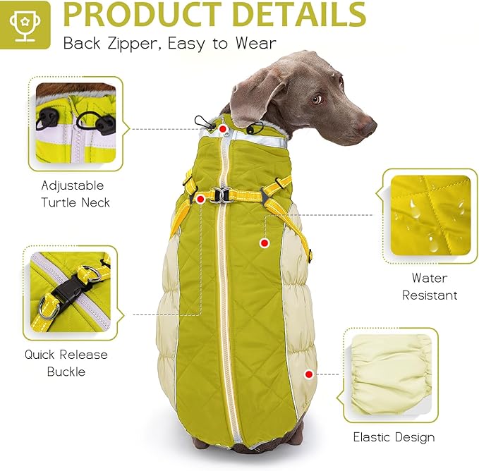 Dog Winter Coat with Harness, Dog Jacket, Pet Clothes with Zipper on Back, Waterproof Windproof Warm Vest, Reflective Cold Weather Coats, for Small Medium Large Dogs, Thick, Green, S