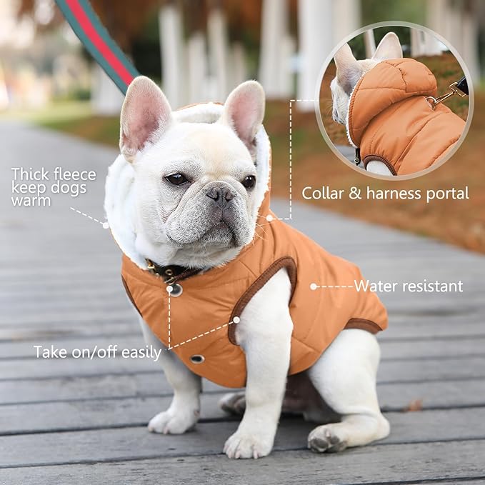 Windproof Waterproof Dog Coat Fleece & Cotton Lined Warm Jacket, Cold Weather Pet Apparel Clothes Vest for Small to XXL Dogs, Khaki