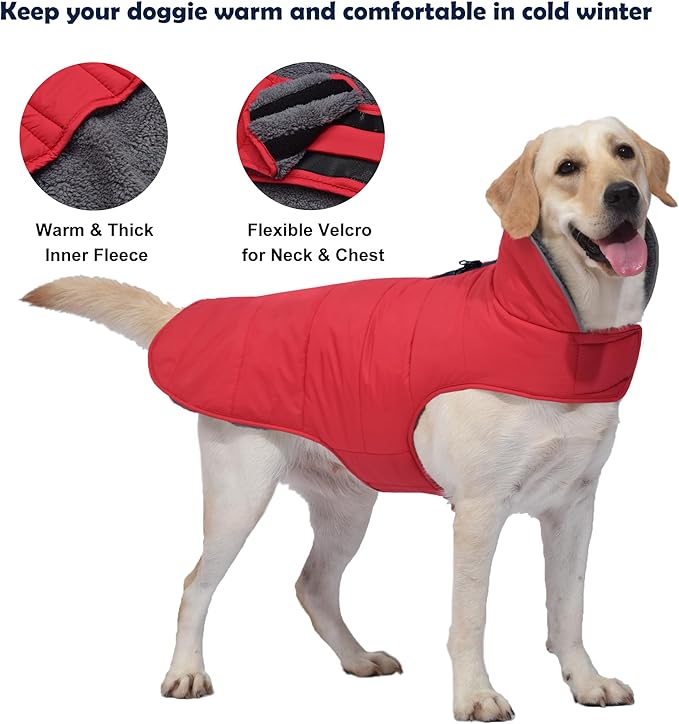 Dog Winter Coat, Waterproof Dog Jacket with Leash Hole, Reflective Adjustable Pet Snow Vest, Warm Fleece Sweater for Small Medium Large Dogs - Red, M