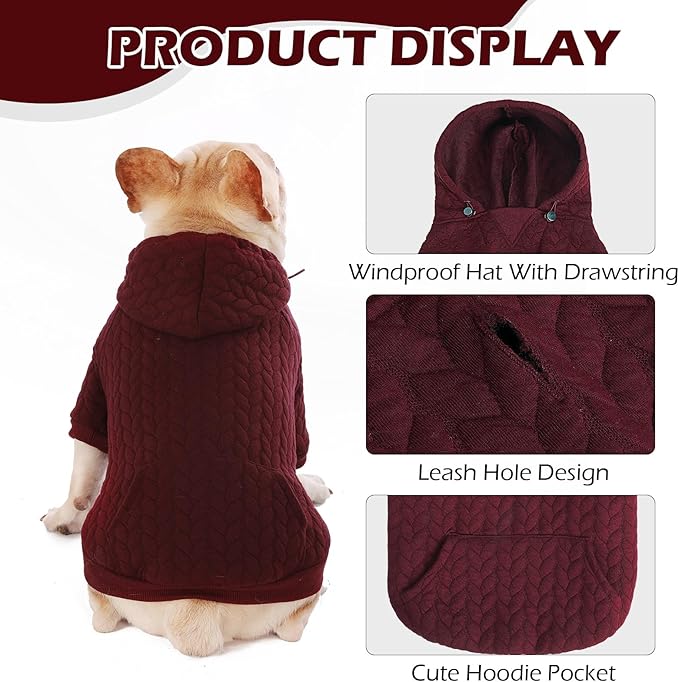 EXPAWLORER Textured Cable Knit Basic Dog Hoodie, Elevated Style Dog Sweater with Leash Hole and Pocket, Soft and Warm Pet Winter Coat, Cold Weather Clothes for Small Medium Large Dogs,Wine Red XL