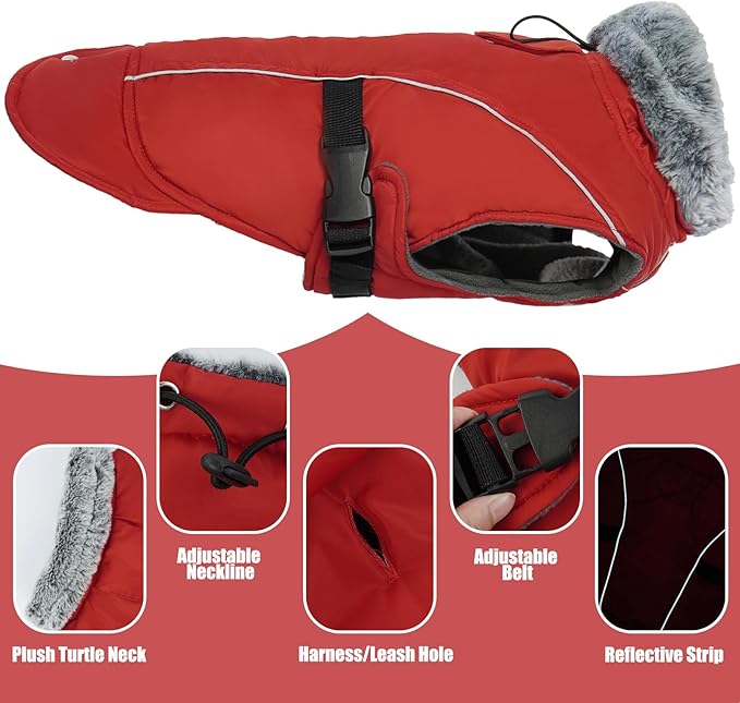 DENTRUN Large Dog Coat - Thick Fleece Lined Reflective Winter Jacket, Snap Closure & Leash Hole, Warm Thick Fleece Lined, Plush Turtleneck Vest for German Shepherd, Red, XXL