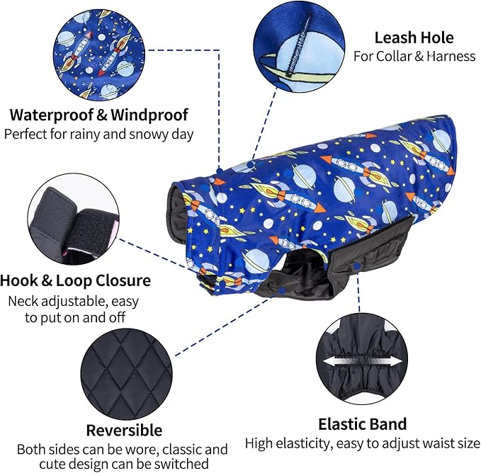 Bone Winter Jacket, Waterproof, Windproof Dog Reversible Vest, Thick Soft Coats with Leash Hole, Small to Large