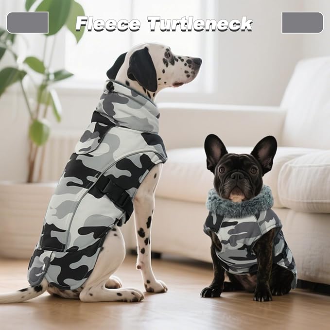 DENTRUN Large Dog Coat - Thick Fleece Lined Reflective Winter Jacket, Snap Closure & Leash Hole, Warm Thick Fleece Lined, Plush Turtleneck Vest for German Shepherd, White Camo, XXL