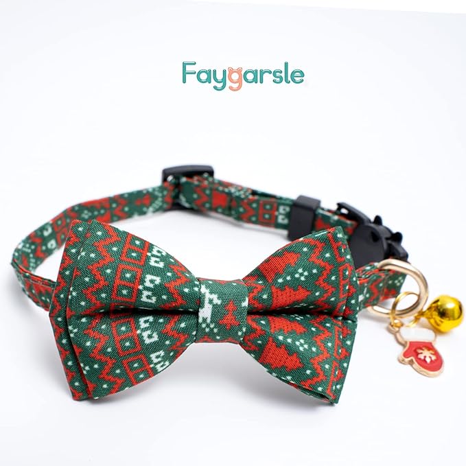 2 Pack Cotton Christmas Cats Collar with Bow Tie Red Green Cat Collars for Girl Female Boy Male Cat Collar with Bell Elk Cute Gloves Charms