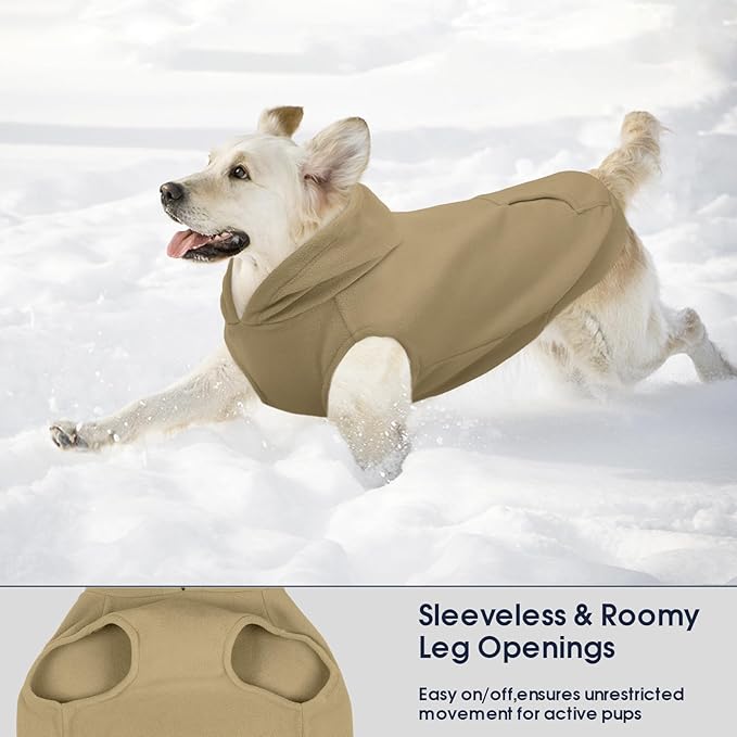 IECOii XL Dog Sweater, Pullover Hoodie for Medium Large Dogs, Warm Fleece Dog Sweatshirt with Hood for Cold Weather,Pet Winter Clothes for Dogs Girl Boy,Hooded Coat with Leash Hole, Khaki, XLarge