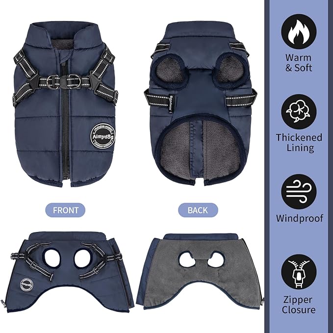 Warm Coat for Dogs, Fashion Sports Jacket with Built-in Harness, Adjustable Pet Vest - Waterproof and Reflection, Navy