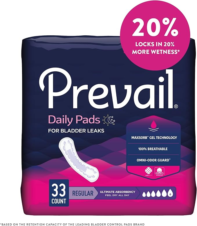 Prevail Ultimate Absorbency Incontinence Bladder Control Pads for Women, Regular Length, 33 Count