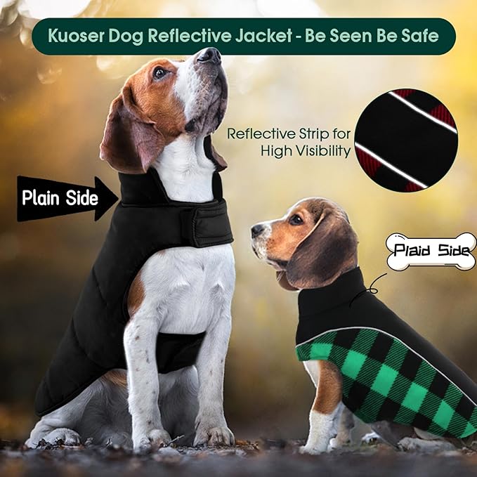 Kuoser Dog Winter Coat, Reversible Waterproof Dog Jacket with Reflective Strip, Warm Dogs Fleece Vest Adjustable Doggy Cold Weather Clothes Plaid Christmas Outfit Pet Apparel for Large Dogs, Green L