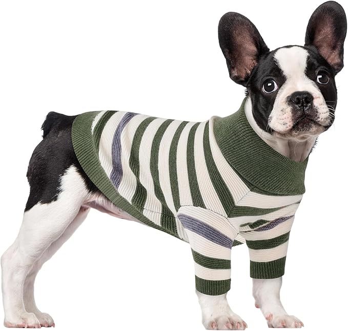 Small Dog Sweater, Knitted Striped Pullover Dog Clothes for Cold Weather, Thick Warm Cozy Stretchy Sweater for Chihuahua, Bulldog, Dachshund, Pug(Green & White Strip, XL)