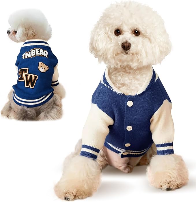 Small Dog Sweater Sweatshirt Cute Blue Puppy Sweaters - Winter Warm Knitted Bear Design for Small Puppies(L)