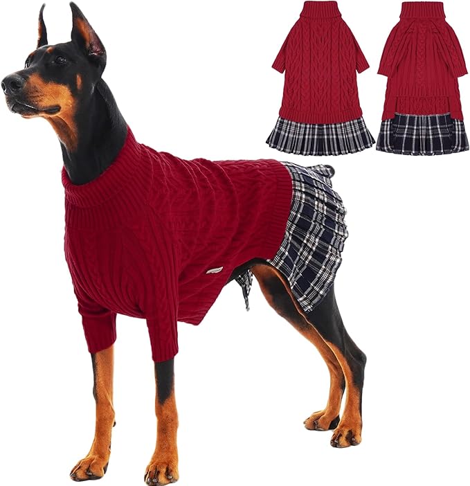 IECOii Girl XXL Dog Sweater Dress, Cozy Cable Knit Dog Sweater for Large Dogs Girl, Red,XXLarge, 2XL Pet Pullover Knitted Dress for Winter, Turleneck with Sleeve, Warm Sweaters for Female Pitbull