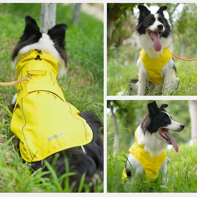 Waterproof Dog Raincoat, Adjustable Lightweight Dog Rain Jacket with Reflective Strip Leash Hole for Small Medium Large Dogs (Yellow, Large(22-37lb))