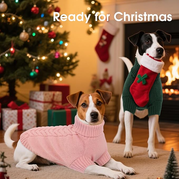 Dog Sweaters for Large Dogs Classic Turtleneck Dog Christmas Sweater Thick Warm Pullover Female Puppy Pet Stretch Knitwear Fall Winter Clothes with Leash Hole(Pink, L)