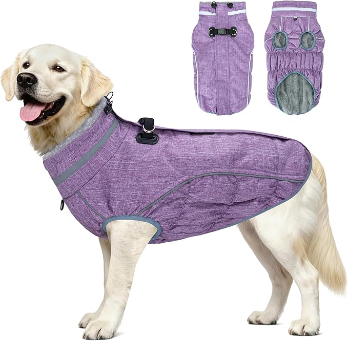 Malier Dog Coat, Reflective Dog Jacket Waterproof Windproof Puppy Cold Weather Coats with Harness Built in, Winter Extra Warm Pet Coat Fleece Vest for Small Large Pets and Puppy (Purple, Large)