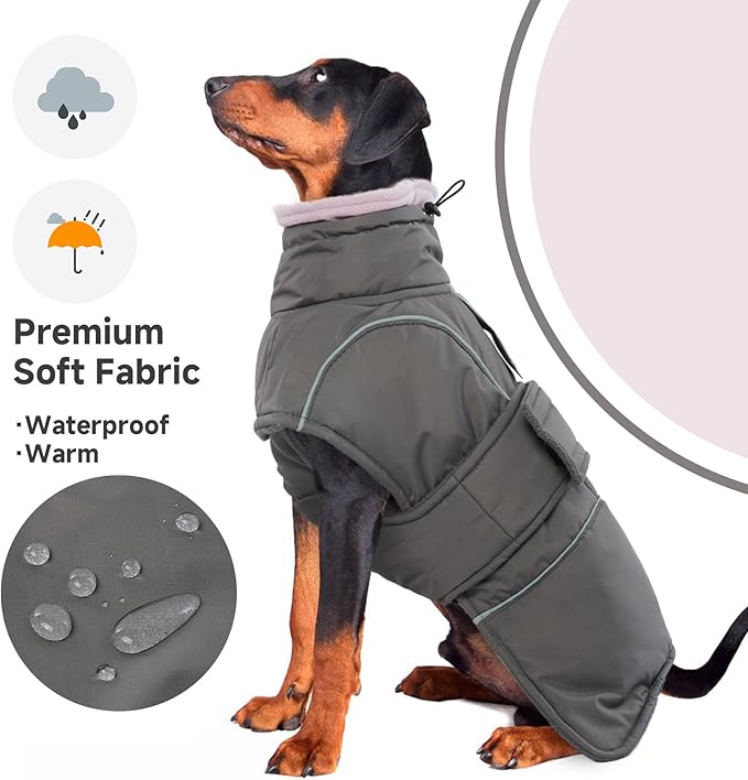 Dog Winter Coat for Small to Large Dogs(XS-XXXL)– Waterproof Windproof Fleece Lined Jacket with Reflective Trim,Pet Vest with Adjustable Buckles, Machine Washable Grey 3XL