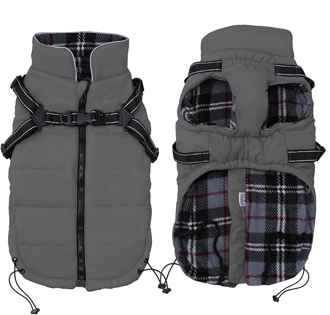 Geyecete Winter Warm Coat Waterproof Dog Winter Jacket with Harness Traction Belt,Pet Outdoor Jacket Dog Autumn and Winter Clothes for Medium, Small Dog-Gray-L