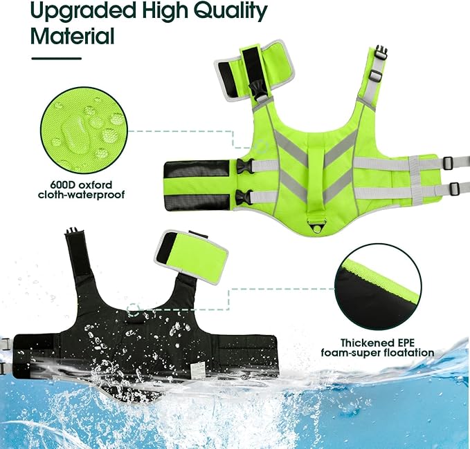 Kuoser Large Breed Dog Life Jacket, XXL Reflective Swim Vest for Boating, Green